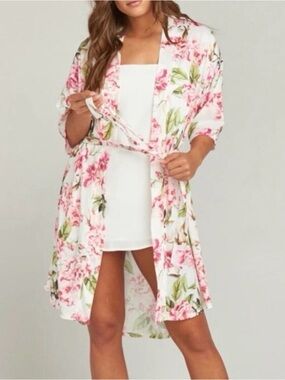 Show Me Your Mumu Floral Kimono Robe Cardigan OS White Pink Green Belted Boho